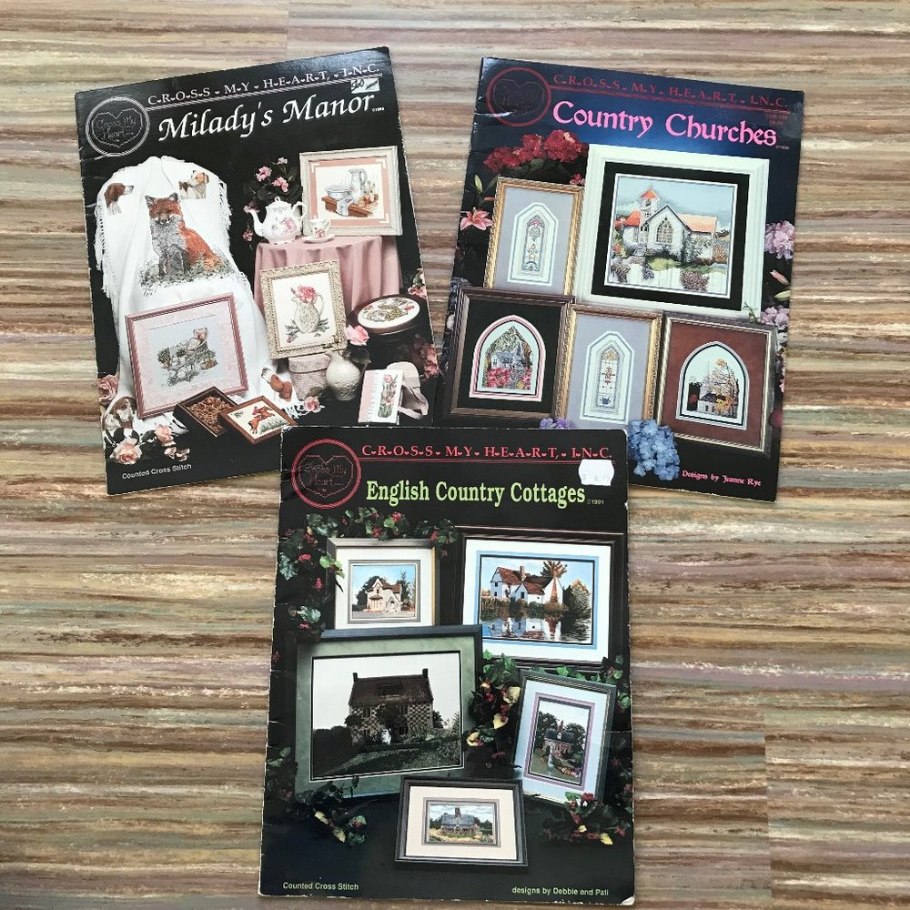Cross My Heart 3 Cross Stitch Pattern Books Country Cottage Church Manor Red Fox